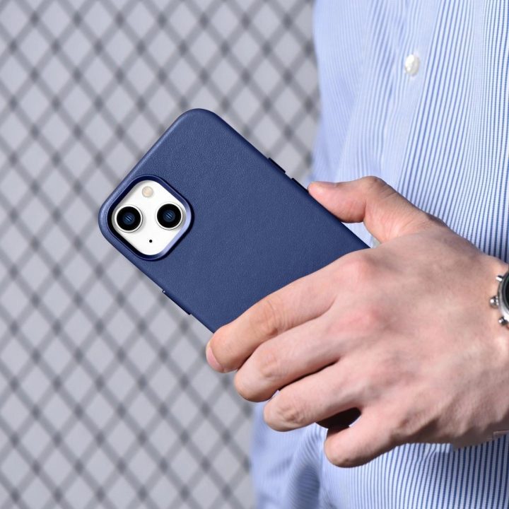 iCarer Case odinis dangtelis iPhone 14 Plus , mėlynos spalvos, iš natūralios odos (suderinamas su MagSafe )