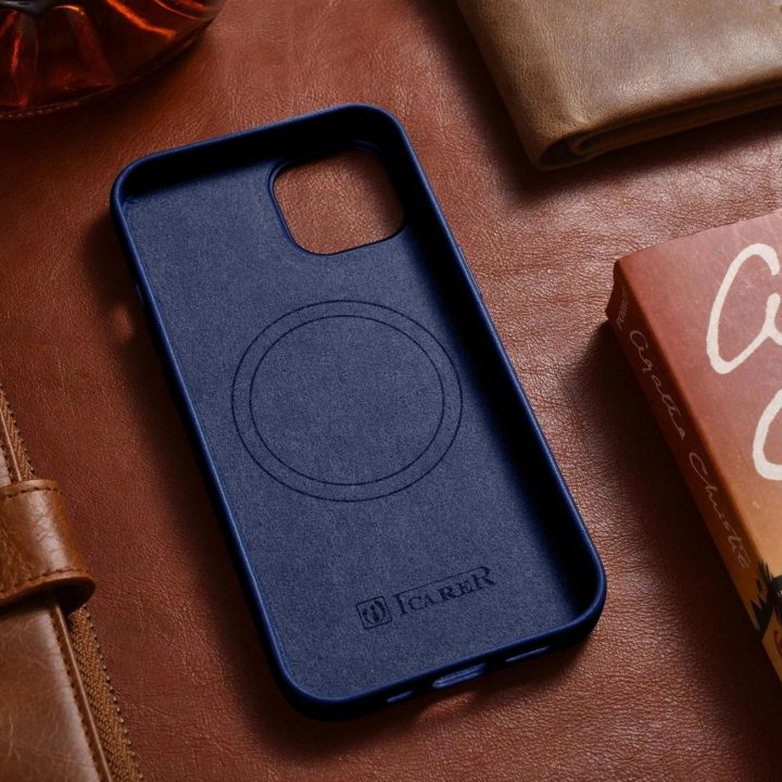 iCarer Case odinis dangtelis iPhone 14 Plus , mėlynos spalvos, iš natūralios odos (suderinamas su MagSafe )