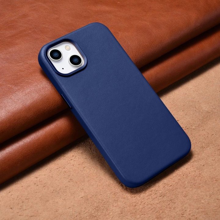iCarer Case odinis dangtelis iPhone 14 Plus , mėlynos spalvos, iš natūralios odos (suderinamas su MagSafe )