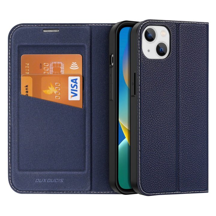 Skin X2 dėklas iPhone 14 Plus dėklui su magnetiniu atvartu mėlynos spalvos