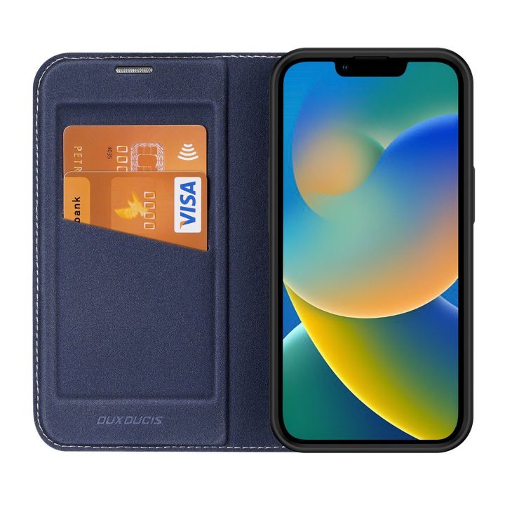 Skin X2 dėklas iPhone 14 Plus dėklui su magnetiniu atvartu mėlynos spalvos