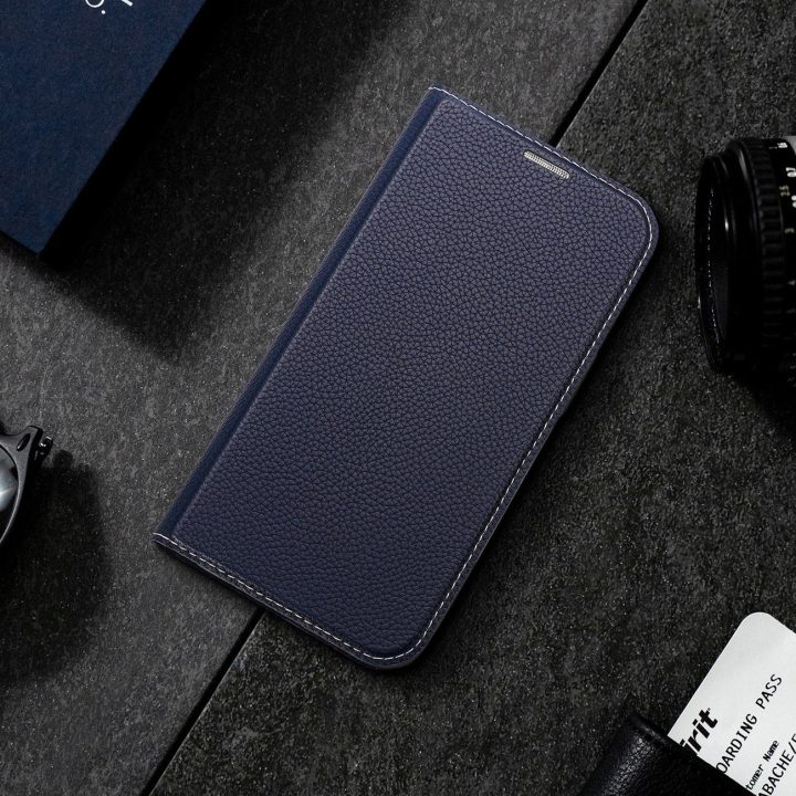 Skin X2 dėklas iPhone 14 Plus dėklui su magnetiniu atvartu mėlynos spalvos