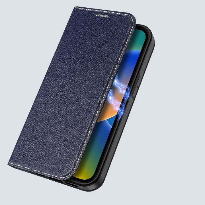 Skin X2 dėklas iPhone 14 Plus dėklui su magnetiniu atvartu mėlynos spalvos