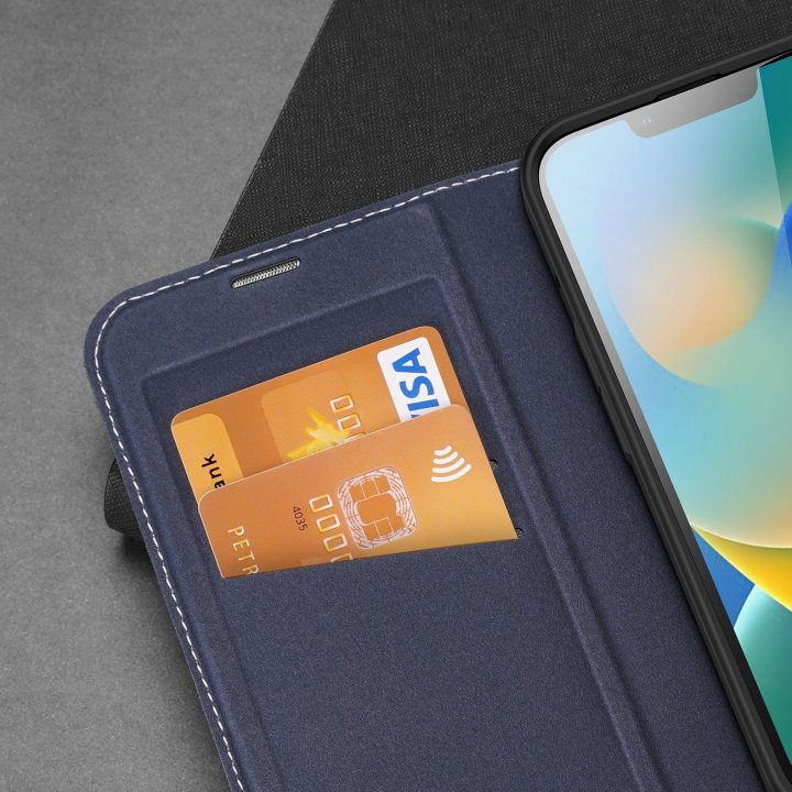 Skin X2 dėklas iPhone 14 Plus dėklui su magnetiniu atvartu mėlynos spalvos