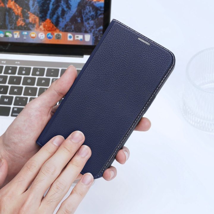 Skin X2 dėklas iPhone 14 Plus dėklui su magnetiniu atvartu mėlynos spalvos