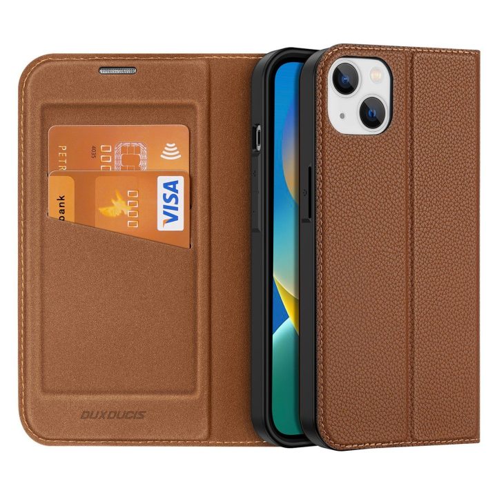 Skin X2 dėklas iPhone 14 Plus dėklui su magnetiniu atvartu rudos spalvos