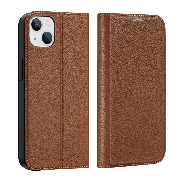 Skin X2 dėklas iPhone 14 Plus dėklui su magnetiniu atvartu rudos spalvos