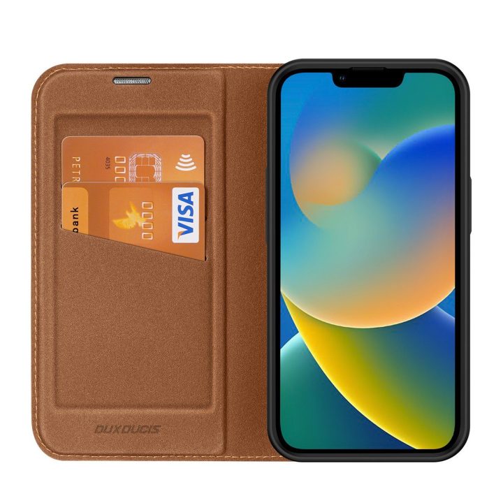 Skin X2 dėklas iPhone 14 Plus dėklui su magnetiniu atvartu rudos spalvos
