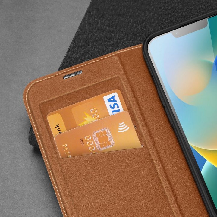 Skin X2 dėklas iPhone 14 Plus dėklui su magnetiniu atvartu rudos spalvos