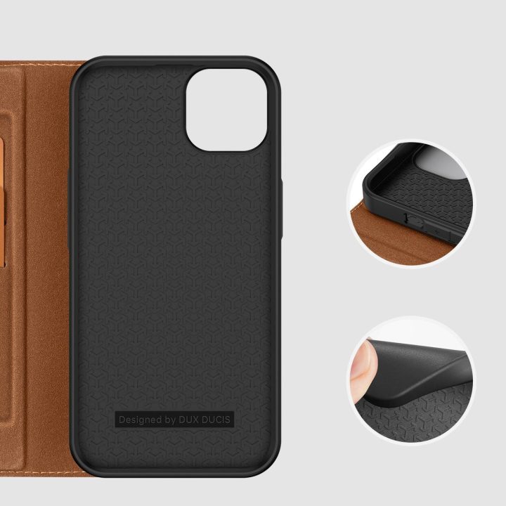 Skin X2 dėklas iPhone 14 Plus dėklui su magnetiniu atvartu rudos spalvos
