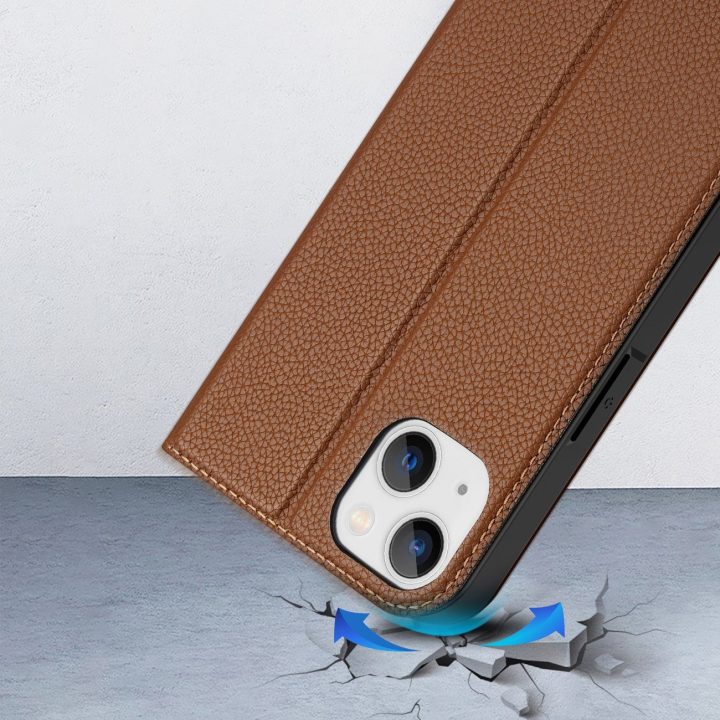 Skin X2 dėklas iPhone 14 Plus dėklui su magnetiniu atvartu rudos spalvos