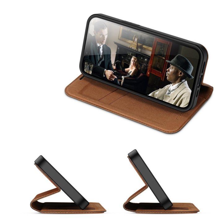 Skin X2 dėklas iPhone 14 Plus dėklui su magnetiniu atvartu rudos spalvos