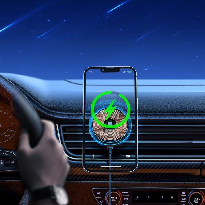 Air Vent“ automobilio telefono laikiklis su 15 W Qi“ belaidžiu įkrovikliu (suderinamas MagSafe“) Sidabrinis (JR-ZS291)