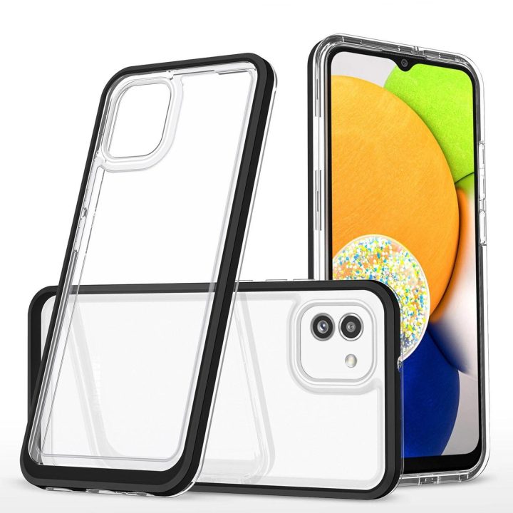 Skaidrus 3in1 dėklas skirtas Samsung Galaxy A03 silikoninis dangtelis su juodu rėmeliu