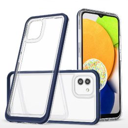 Skaidrus 3in1 dėklas skirtas Samsung Galaxy A03 silikoninis dangtelis su mėlynu rėmeliu