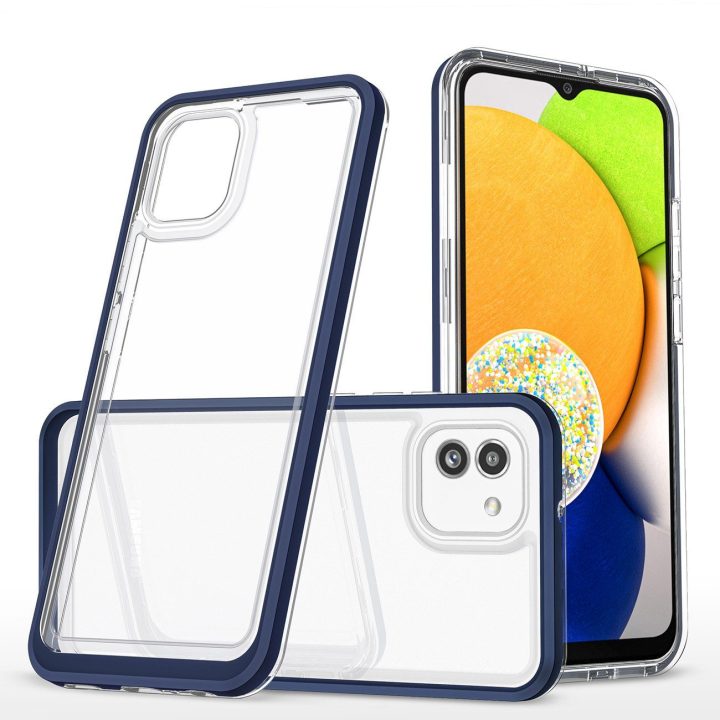 Skaidrus 3in1 dėklas skirtas Samsung Galaxy A03 silikoninis dangtelis su mėlynu rėmeliu