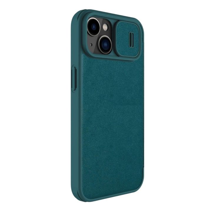 Nillkin Qin Pro odinis dėklas - paprastos odos iPhone 14 Plus 6.7 2022 Exuberant Green