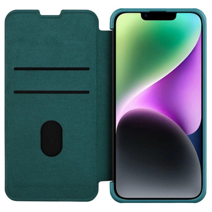 Nillkin Qin Pro odinis dėklas - paprastos odos iPhone 14 Plus 6.7 2022 Exuberant Green