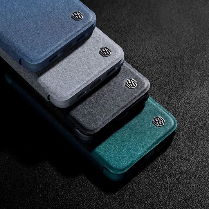 Nillkin Qin Pro odinis dėklas - paprastos odos iPhone 14 Plus 6.7 2022 Exuberant Green