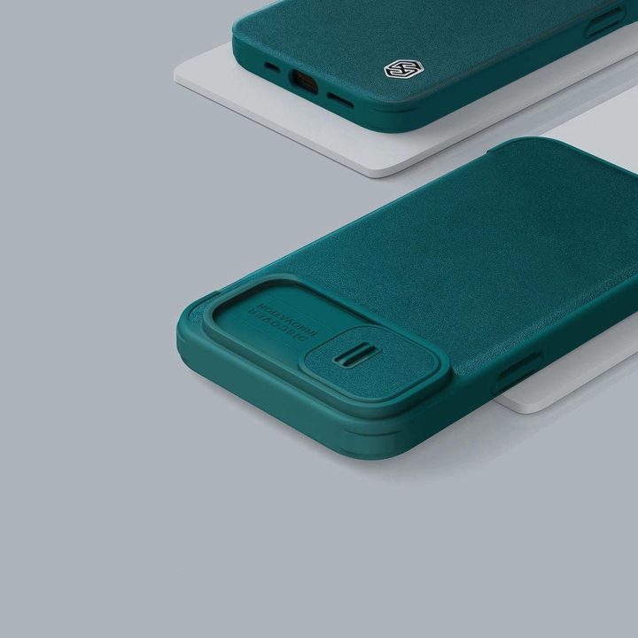 Nillkin Qin Cloth Pro“ dėklas, skirtas iPhone 14 Plus“ fotoaparato apsaugai, dėklo dangtelio dėklas, atverčiamas mėlynas