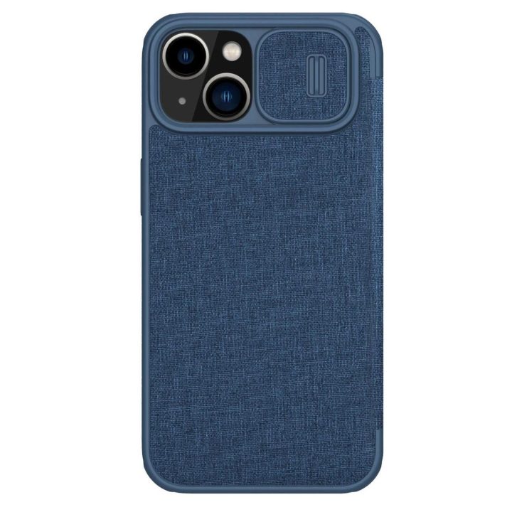 Nillkin Qin Cloth Pro“ dėklas, skirtas iPhone 14 Plus“ fotoaparato apsaugai, dėklo dangtelio dėklas, atverčiamas mėlynas