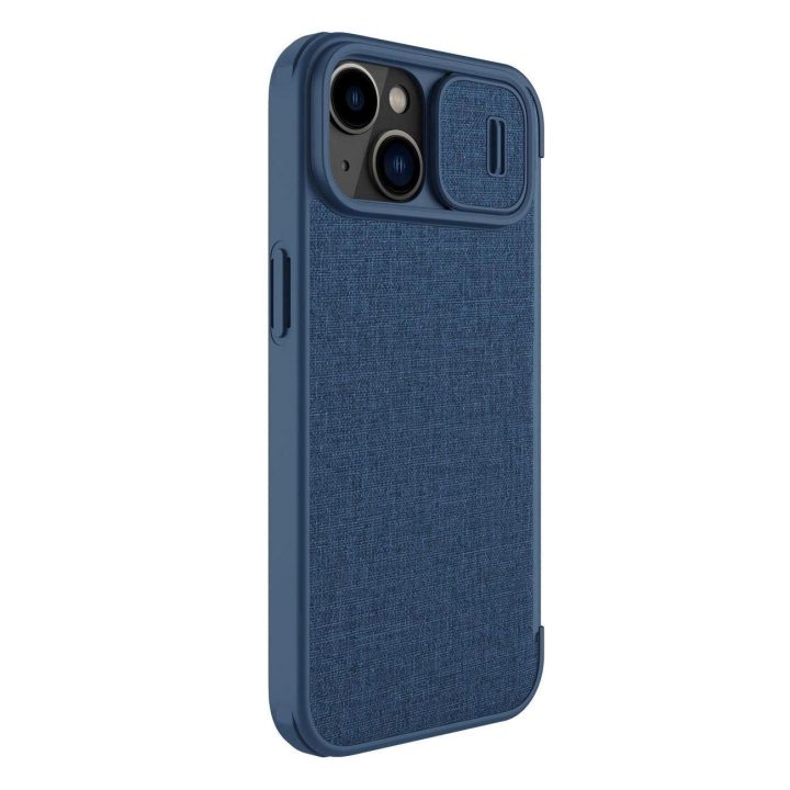 Nillkin Qin Cloth Pro“ dėklas, skirtas iPhone 14 Plus“ fotoaparato apsaugai, dėklo dangtelio dėklas, atverčiamas mėlynas