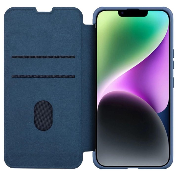 Nillkin Qin Cloth Pro“ dėklas, skirtas iPhone 14 Plus“ fotoaparato apsaugai, dėklo dangtelio dėklas, atverčiamas mėlynas