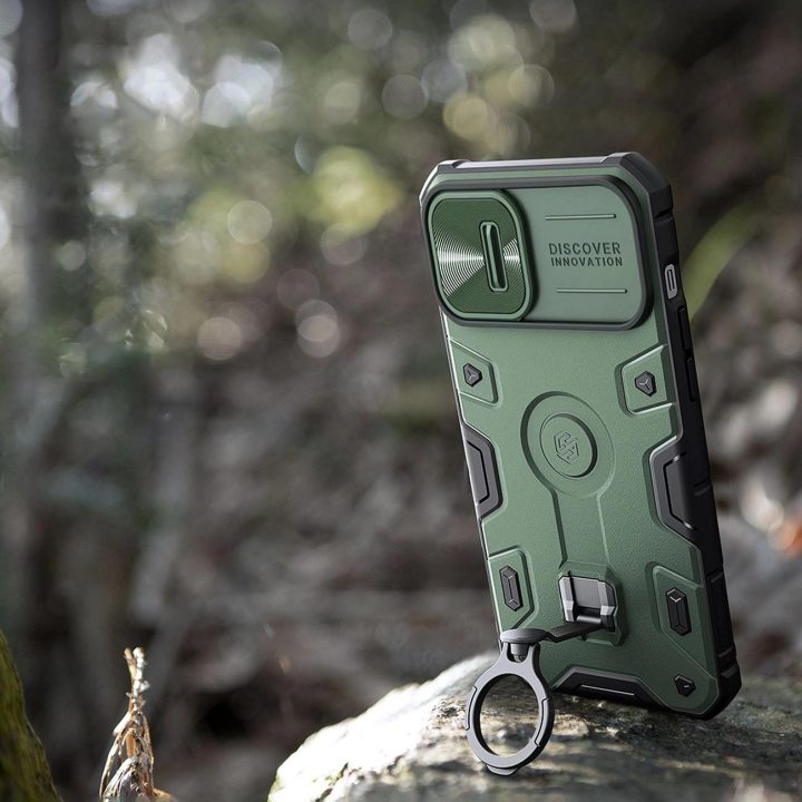 Nillkin CamShield Armor Pro dėklo dangtelis iPhone 14 Plus šarvų dangtelis su fotoaparato dangtelio žiedo stovu juodas