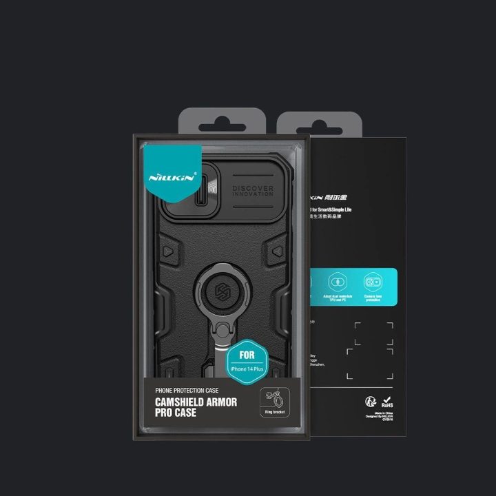 Nillkin CamShield Armor Pro dėklo dangtelis iPhone 14 Plus šarvų dangtelis su fotoaparato dangtelio žiedo stovu juodas