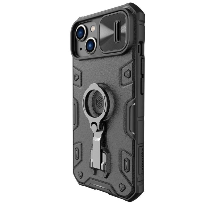 Nillkin CamShield Armor Pro dėklo dangtelis iPhone 14 Plus šarvų dangtelis su fotoaparato dangtelio žiedo stovu juodas