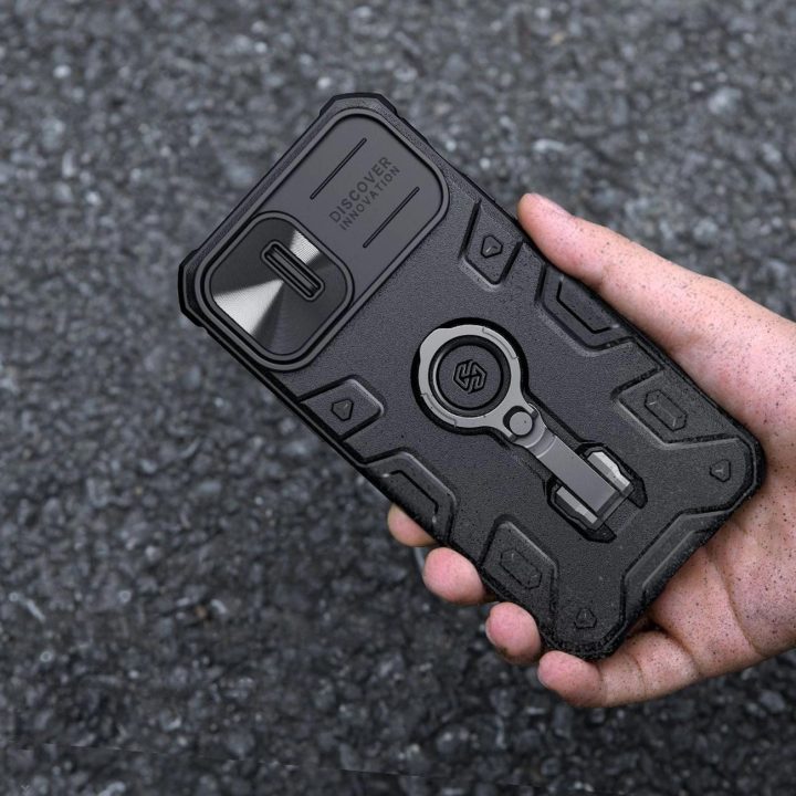 Nillkin CamShield Armor Pro dėklo dangtelis iPhone 14 Plus šarvų dangtelis su fotoaparato dangtelio žiedo stovu mėlynas