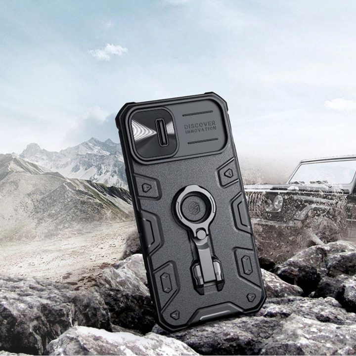 Nillkin CamShield Armor Pro dėklo dangtelis iPhone 14 Plus šarvų dangtelis su fotoaparato dangtelio žiedo stovu mėlynas