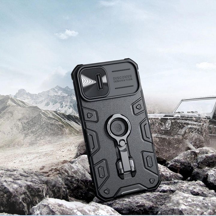 Nillkin CamShield Armor Pro magnetinis dėklas, skirtas iPhone 14 Plus MagSafe šarvuoto dangčio stovo žiedas juodas