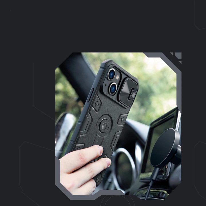 Nillkin CamShield Armor Pro magnetinis dėklas, skirtas iPhone 14 Plus MagSafe šarvuoto dangčio stovo žiedas juodas