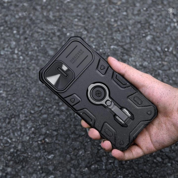 Nillkin CamShield Armor Pro magnetinis dėklas, skirtas iPhone 14 Plus MagSafe šarvuoto dangčio stovo žiedas juodas