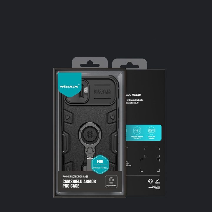 Nillkin CamShield Armor Pro magnetinis dėklas iPhone 14 Plus magnetinis MagSafe dangtelis su fotoaparato dangteliu mėlynas