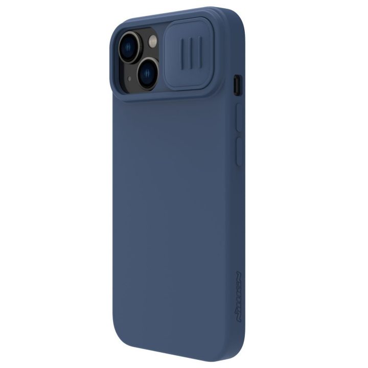 Nillkin CamShield magnetinis silikoninis dėklas iPhone 14 Plus magnetinis MagSafe dangtelis su fotoaparato dangteliu mėlynas