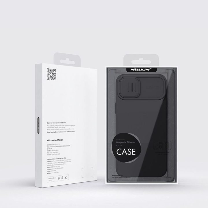 Nillkin CamShield magnetinis silikoninis dėklas iPhone 14 Plus magnetinis MagSafe dangtelis su fotoaparato dangteliu mėlynas