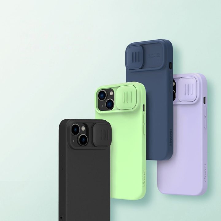 Nillkin CamShield magnetinis silikoninis dėklas iPhone 14 Plus magnetinis MagSafe dangtelis su fotoaparato dangteliu mėlynas