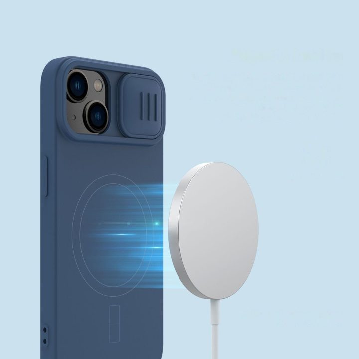 Nillkin CamShield magnetinis silikoninis dėklas iPhone 14 Plus magnetinis MagSafe dangtelis su fotoaparato dangteliu mėlynas