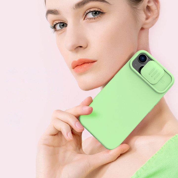 Nillkin CamShield magnetinis silikoninis dėklas iPhone 14 Plus magnetinis MagSafe dangtelis su fotoaparato dangteliu mėlynas