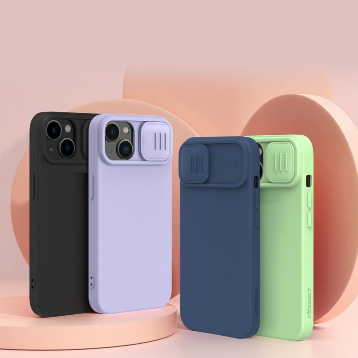 Nillkin CamShield magnetinis silikoninis dėklas iPhone 14 Plus magnetinis MagSafe dangtelis su fotoaparato dangteliu mėlynas