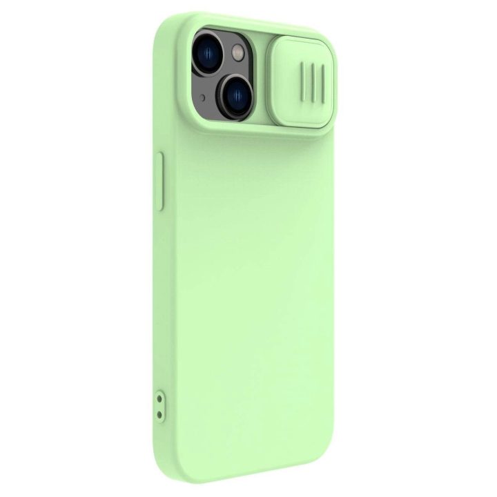 Nillkin CamShield magnetinis silikoninis dėklas iPhone 14 Plus magnetinis MagSafe dangtelis su fotoaparato dangteliu žalias