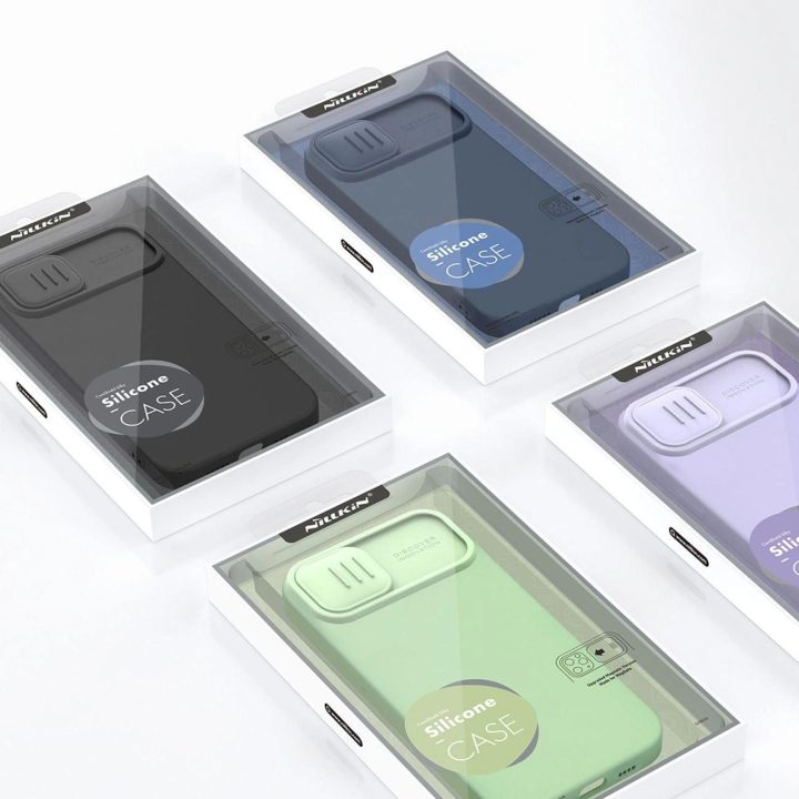 Nillkin CamShield magnetinis silikoninis dėklas iPhone 14 Plus magnetinis MagSafe dangtelis su fotoaparato dangteliu žalias