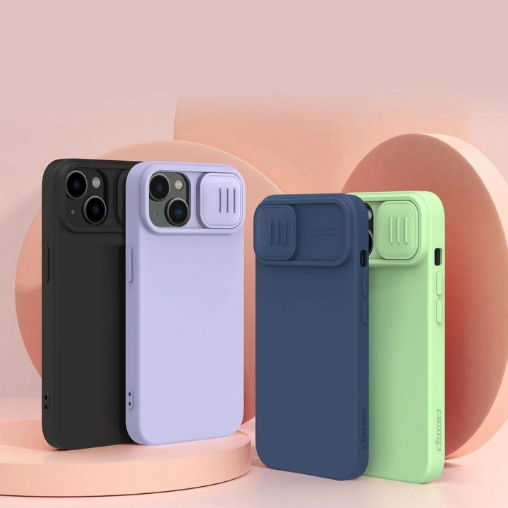 Nillkin CamShield magnetinis silikoninis dėklas iPhone 14 Plus magnetinis MagSafe dangtelis su fotoaparato dangteliu žalias