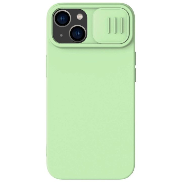 Nillkin CamShield magnetinis silikoninis dėklas iPhone 14 Plus magnetinis MagSafe dangtelis su fotoaparato dangteliu žalias