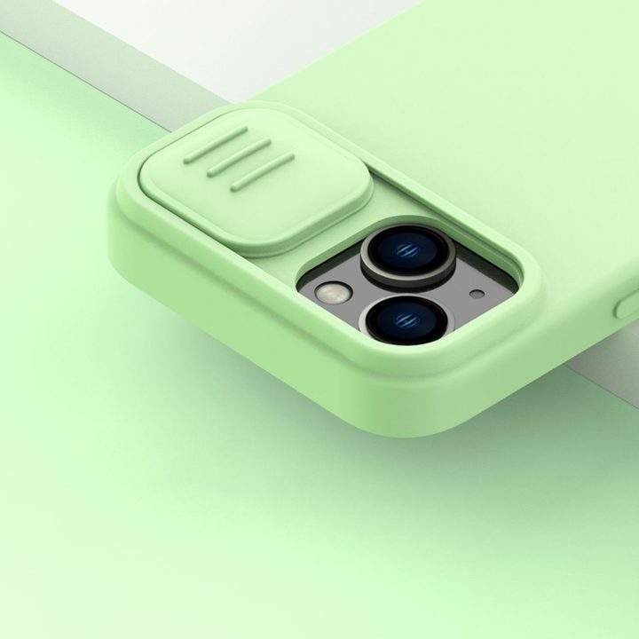 Nillkin CamShield Silky Silicone Case iPhone 14 Plus dangtelis su mėlynu fotoaparato dangteliu