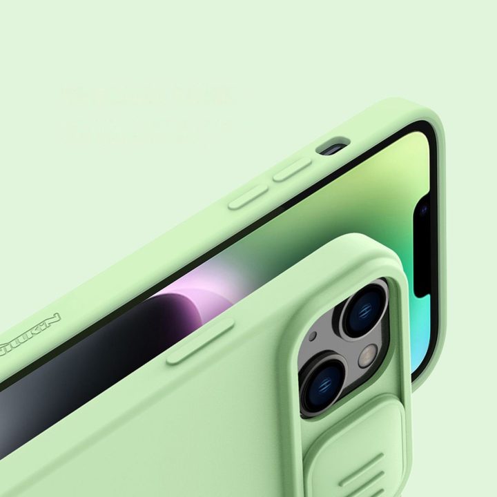 Nillkin CamShield Silky Silicone Case iPhone 14 Plus dangtelis su mėlynu fotoaparato dangteliu