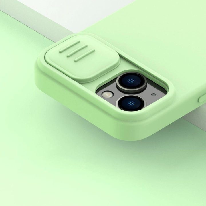 Nillkin CamShield Silky Silicone Case iPhone 14 Plus dėklas su fotoaparato dangteliu violetiniu