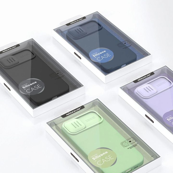 Nillkin CamShield Silky Silicone Case iPhone 14 Plus dėklas su fotoaparato dangteliu violetiniu